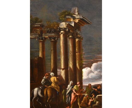 Veduta di rovine classiche con il filosofo Pitagora che fa ritorno dall’Ade