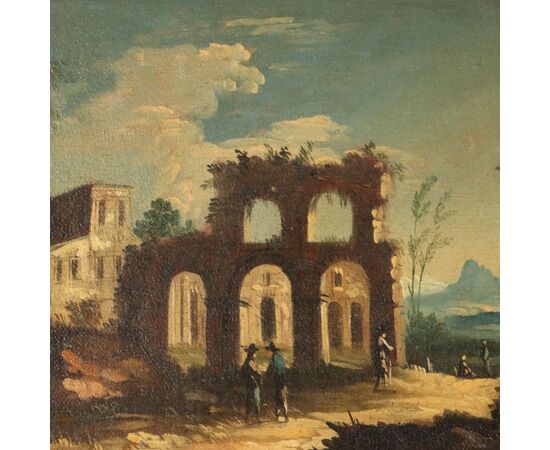 Dipinto Paesaggio con Rovine Architettoniche e Figure