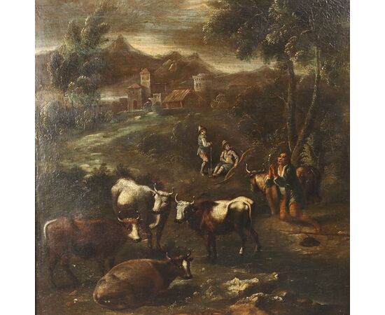 Dipinto Paesaggio con Figure e Mandria