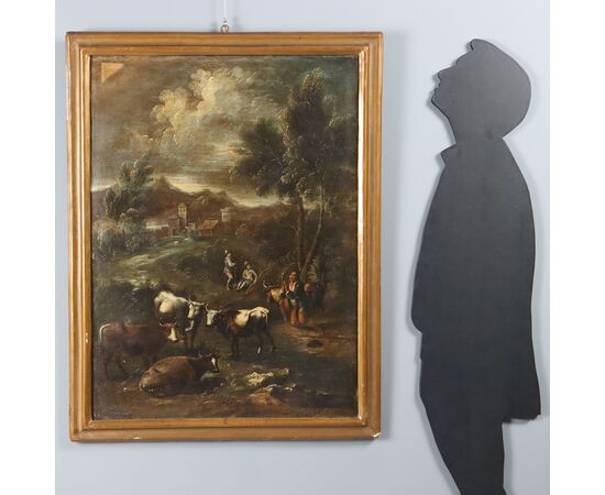 Dipinto Paesaggio con Figure e Mandria