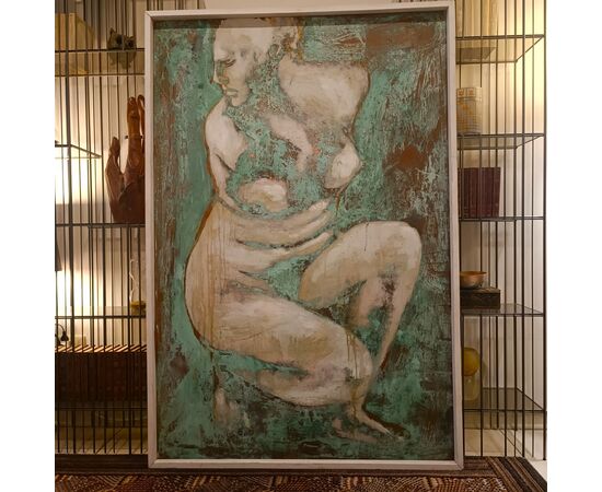 Olio su rame ossidato Venere al bagno opera di Alessandro La Motta