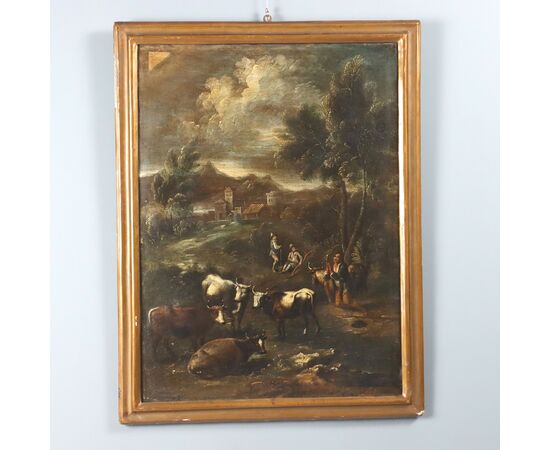 Dipinto Paesaggio con Figure e Mandria