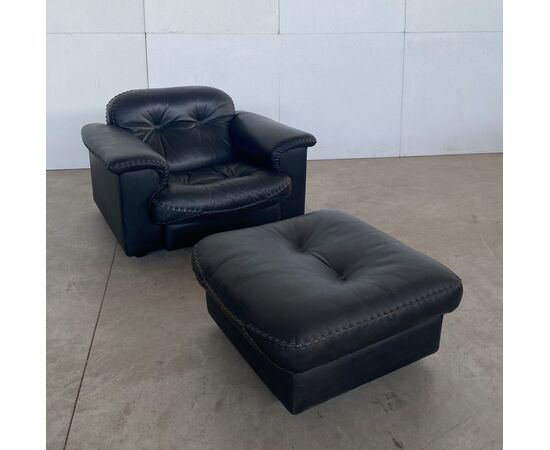 Poltrona con pouf De Sede DS-101 in pelle, anni '70