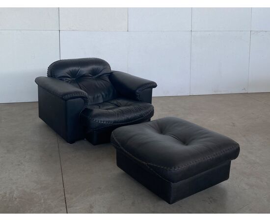 Poltrona con pouf De Sede DS-101 in pelle, anni '70