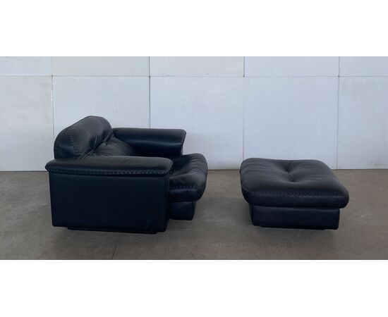 Poltrona con pouf De Sede DS-101 in pelle, anni '70