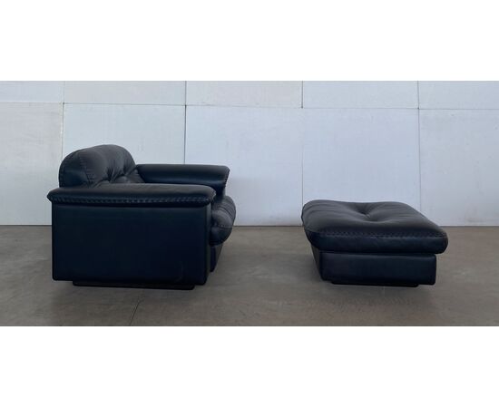 Poltrona con pouf De Sede DS-101 in pelle, anni '70