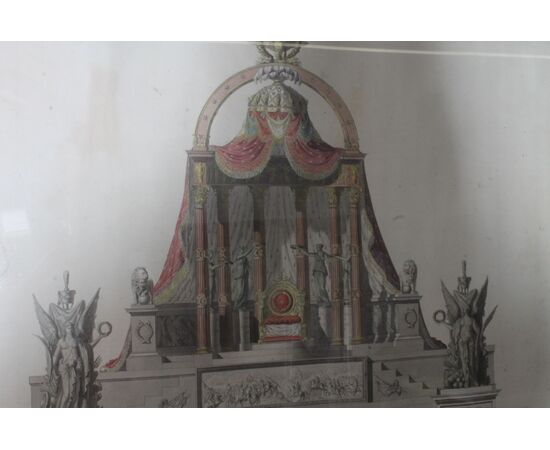 Antico disegno primi 800 “ trono Imperiale “ studio prospetto per una grande piazza. Mis 105 x 74