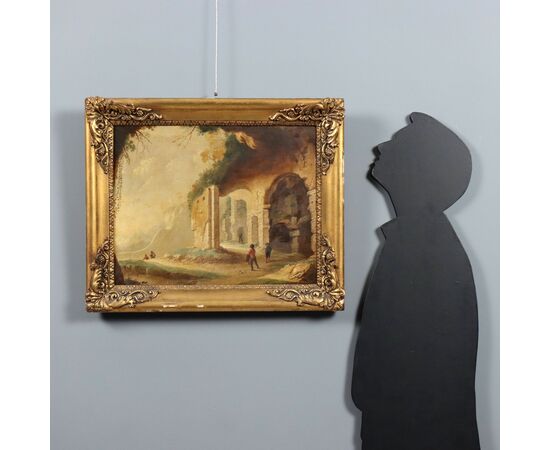 Dipinto Paesaggio con Rovine e Personaggi