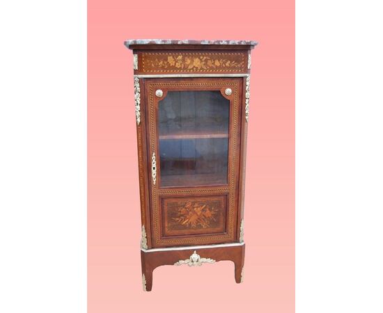 Antique French display cabinet from the 1800s, inlaid with marble top and bronzes