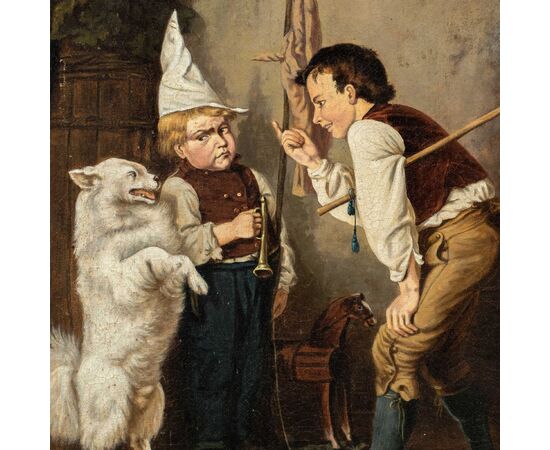 Pittore realista tedesco (XIX sec.) - Due bambini giocano con il cane ammaestrato.