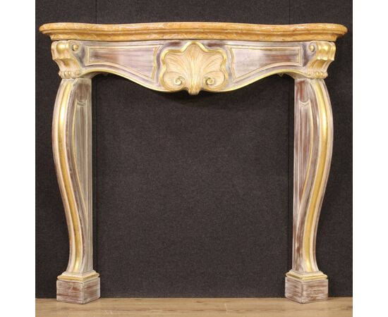 Scenic Italian painted and gilded wooden fireplace