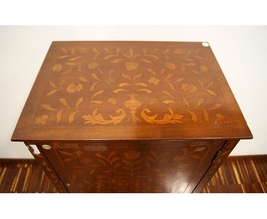 Antique Dutch cabinet from the 1800s in richly inlaid mahogany wood