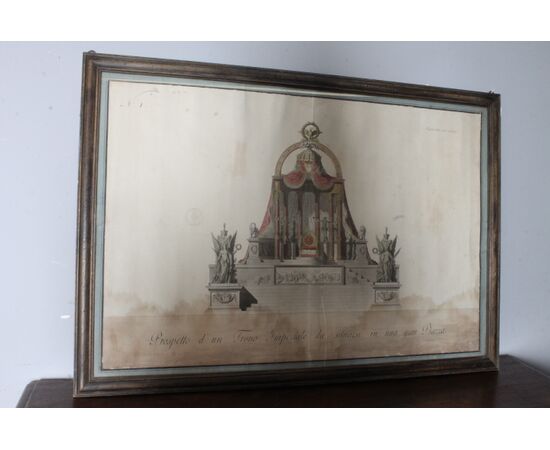 Antico disegno primi 800 “ trono Imperiale “ studio prospetto per una grande piazza. Mis 105 x 74