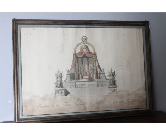 Antico disegno primi 800 “ trono Imperiale “ studio prospetto per una grande piazza. Mis 105 x 74