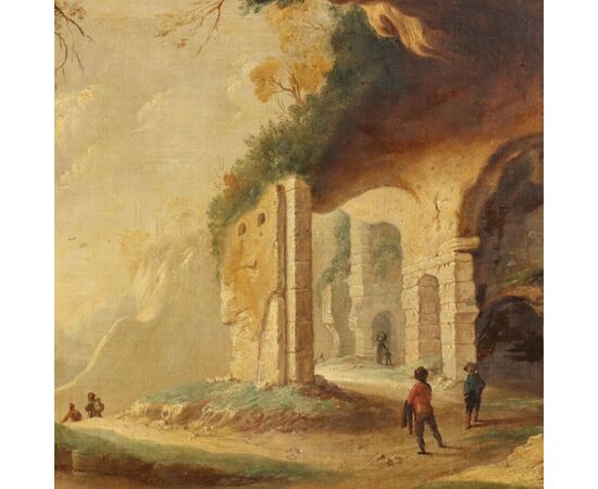 Dipinto Paesaggio con Rovine e Personaggi