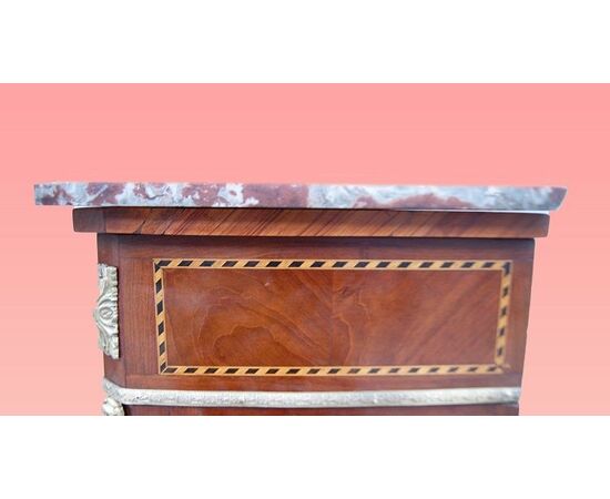 Antique French display cabinet from the 1800s, inlaid with marble top and bronzes