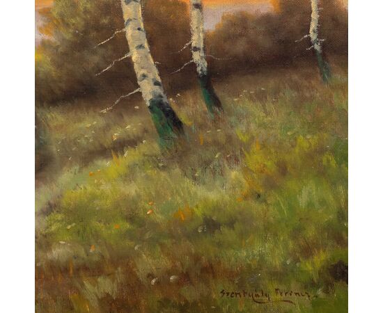 Pittore inglese (XIX sec.) - Paesaggio con gregge al tramonto.