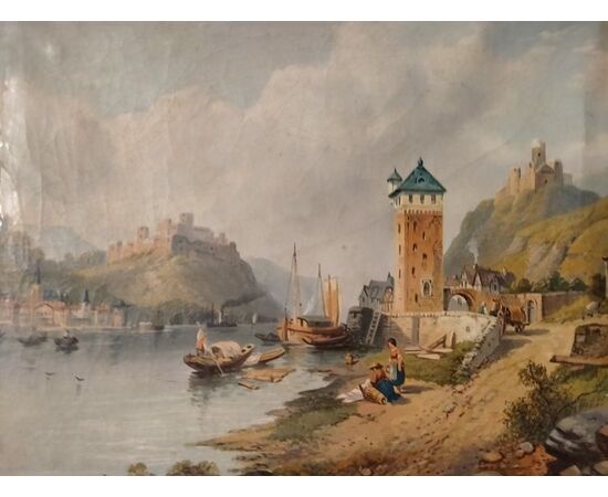 1800s English oil on cardboard depicting an Italian lake
