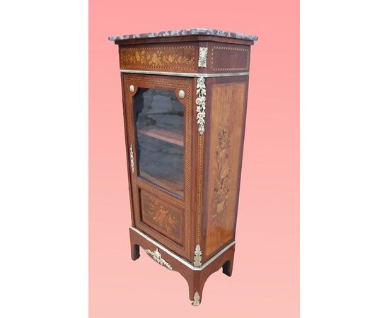 Antique French display cabinet from the 1800s, inlaid with marble top and bronzes