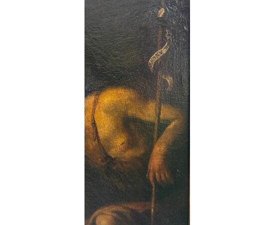 Saint John the Baptist in the desert, an oil painting on canvas from the 17th century.