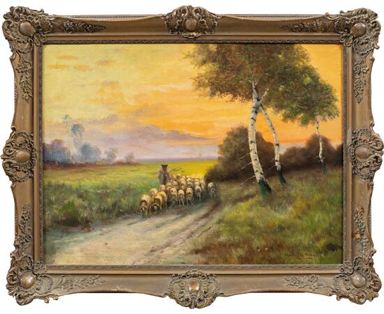 Pittore inglese (XIX sec.) - Paesaggio con gregge al tramonto.
