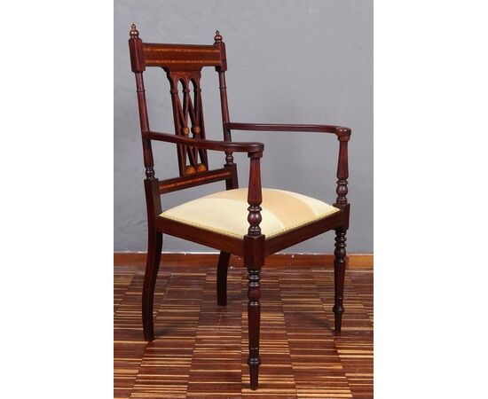 Antique Victorian mahogany armchair from the 1800s with inlays