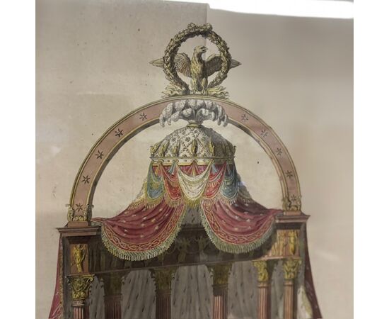 Antico disegno primi 800 “ trono Imperiale “ studio prospetto per una grande piazza. Mis 105 x 74