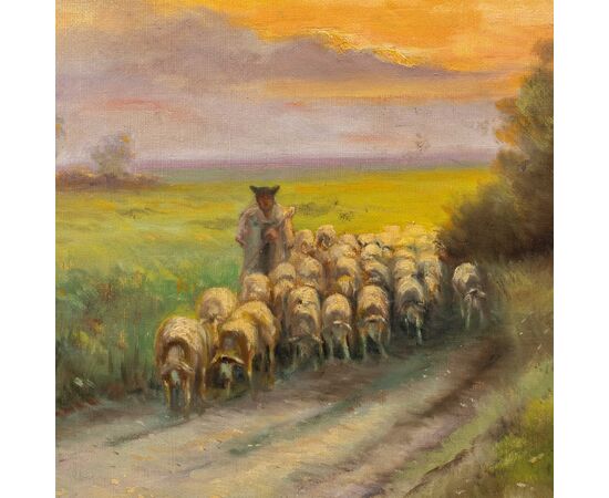 Pittore inglese (XIX sec.) - Paesaggio con gregge al tramonto.