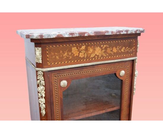 Antique French display cabinet from the 1800s, inlaid with marble top and bronzes