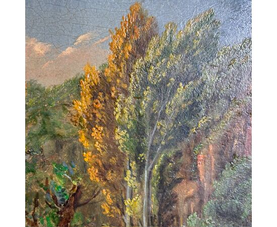 Antico dipinto olio su tavola fine 700 in cornice antica. Paesaggio con mucche al pascolo .Mis 50 x cm 36 . Firmato
