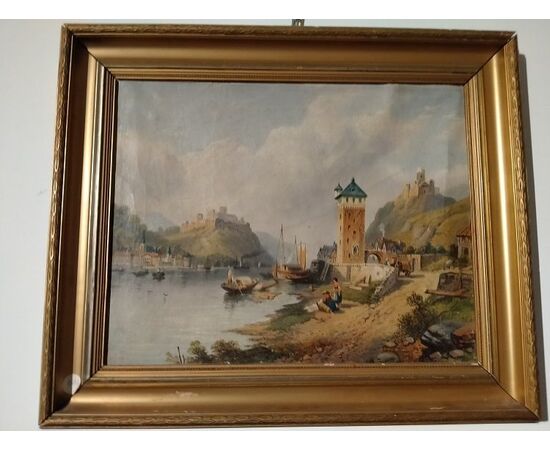 1800s English oil on cardboard depicting an Italian lake