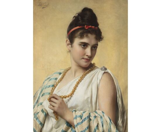 Painting by Tito Conti (Florence 1842 - 1924), “The Pearl Necklace”