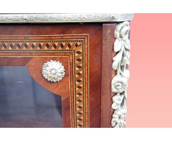 Antique French display cabinet from the 1800s, inlaid with marble top and bronzes