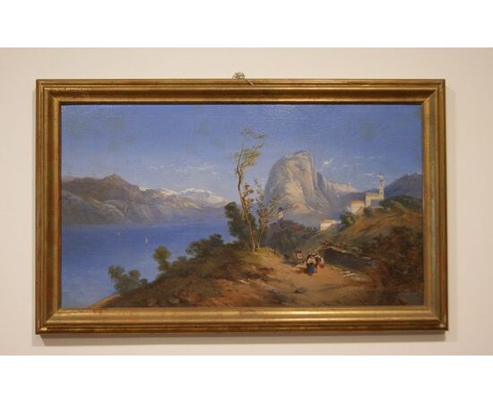 Antique English painting from the 1800s, oil on canvas, depicting a mountain landscape with a lake.
