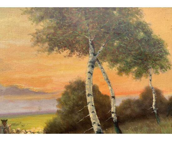 Pittore inglese (XIX sec.) - Paesaggio con gregge al tramonto.