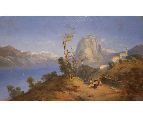 Antique English painting from the 1800s, oil on canvas, depicting a mountain landscape with a lake.