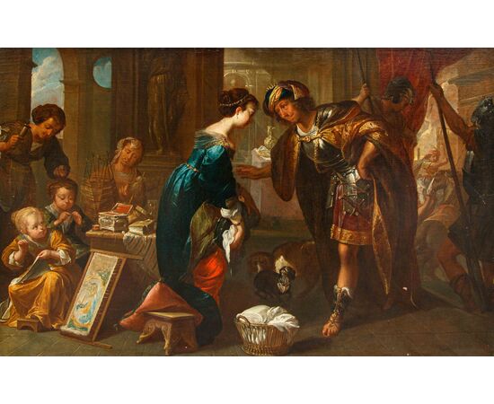 Monogrammista I.H., identificabile con Jan van den Hecke (Kwaremont, 1620 – Anversa, 1684), Sesto Tarquinio sorprende Lucrezia al lavoro