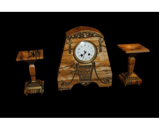 Clock set with French Art Deco style marble candlesticks from the early 1900s
