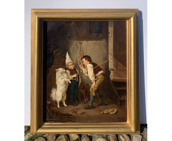 Pittore realista tedesco (XIX sec.) - Due bambini giocano con il cane ammaestrato.
