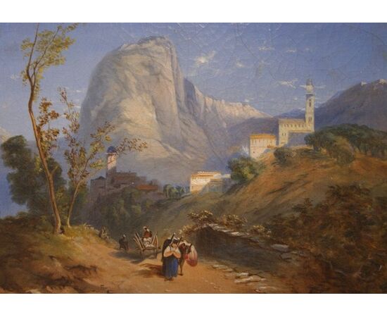 Antique English painting from the 1800s, oil on canvas, depicting a mountain landscape with a lake.