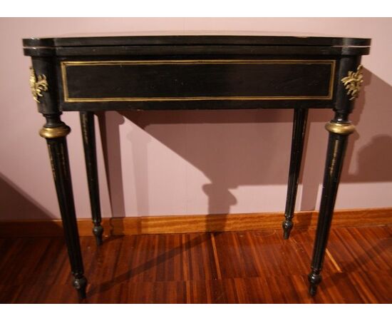 Antique French Boulle style game table from the 1800s in ebonized wood with brass inlays and bronzes