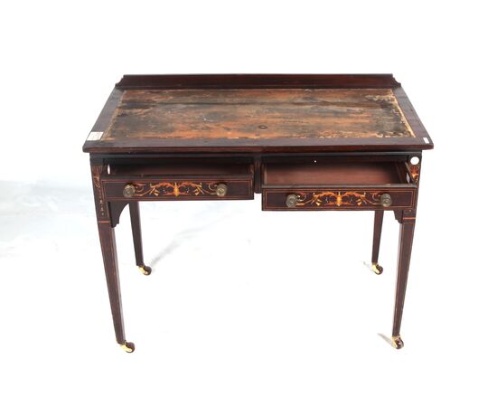 Antique small English desk from the 1800s, Victorian style, inlaid
