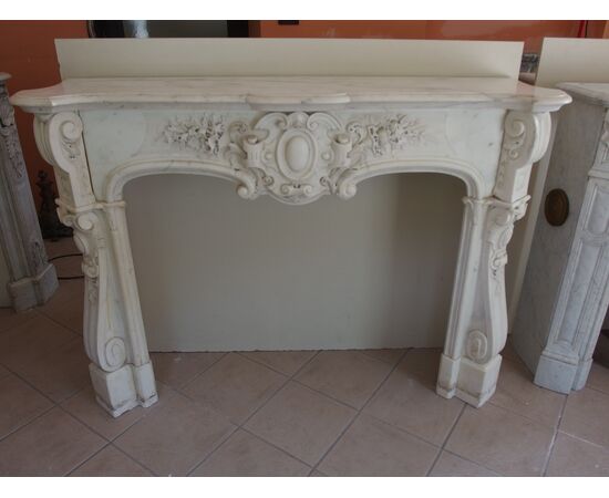 CARRARA WHITE MARBLE FIREPLACE LOUIS XV STYLE FRANCE cm 150xW42xH110