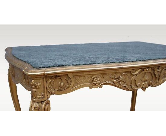 Antique Louis XV style gilded coffee table from the 1800s with green Alps marble top