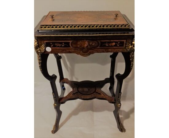 Precious ice-carrier coffee table, inlaid flower box, ebonized Napoleon III style, France, 19th century