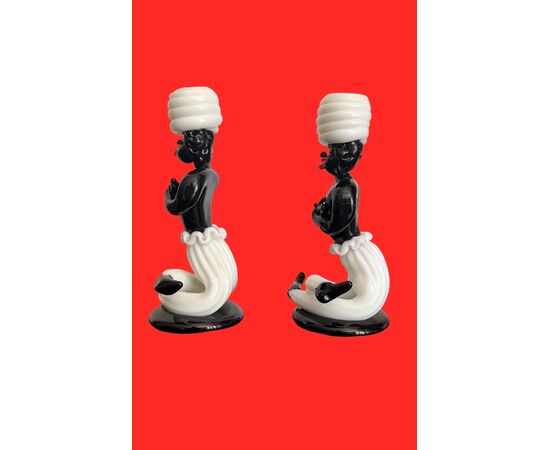 Pair of Moorish candle holders in black and lattimo glass. Fulvio Bianconi for Venini. Murano.