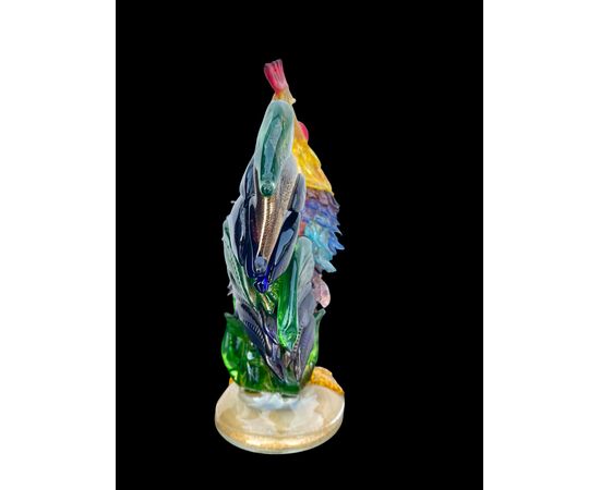 Large multicolored heavy glass rooster with gold inclusions. Aldo Nason for A.Ve.M, Murano