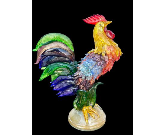 Large multicolored heavy glass rooster with gold inclusions. Aldo Nason for A.Ve.M, Murano