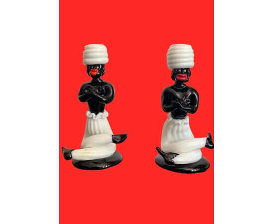 Pair of Moorish candle holders in black and lattimo glass. Fulvio Bianconi for Venini. Murano.