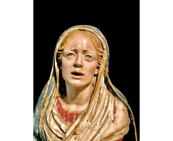 Polychrome wooden sculpture with glass eyes depicting Our Lady of Sorrows. Naples.